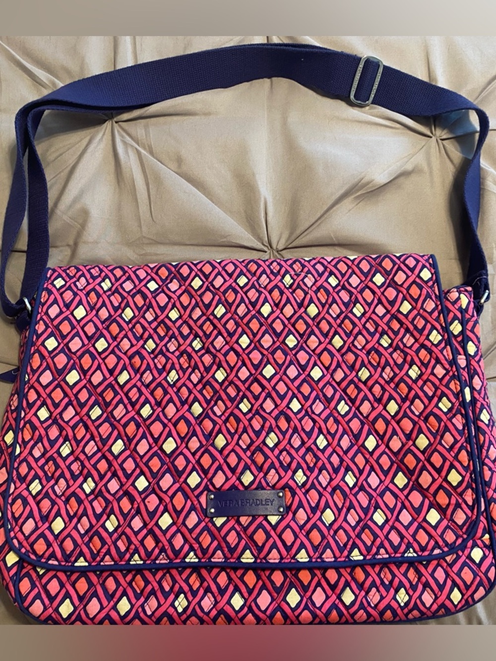 Vera Bradley Katalina Pink Diamonds Quilted Laptop Messenger Bag with Navy Strap